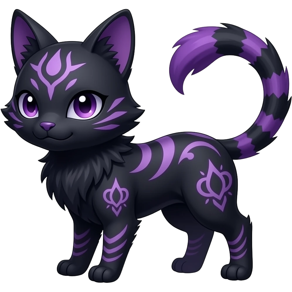 Kawaii dark black purplish blackish edgy fantasy ethereal feline-vernid-sergal-monster-furret-Lycanroc-umbreon-fursona animal creature full body with intricate markings emoji