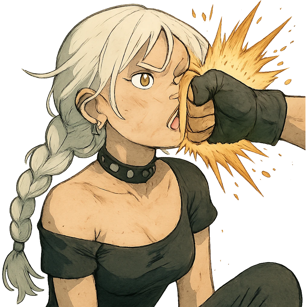  she is getting punched in the face explosively, overpowered, facepunch, a closeup portrait of young woman with gold yellow eyes, white hair, long braid, black off-shoulder top d-cup, punk gothic style, futuristic cyberwave cyberpunk, sitting position
 emoji