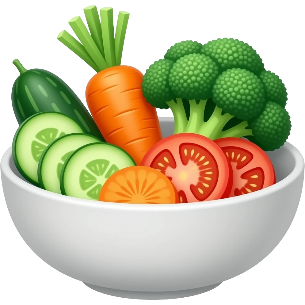 cucumber, carrot, broccoli, and tomato slices in a bowl emoji