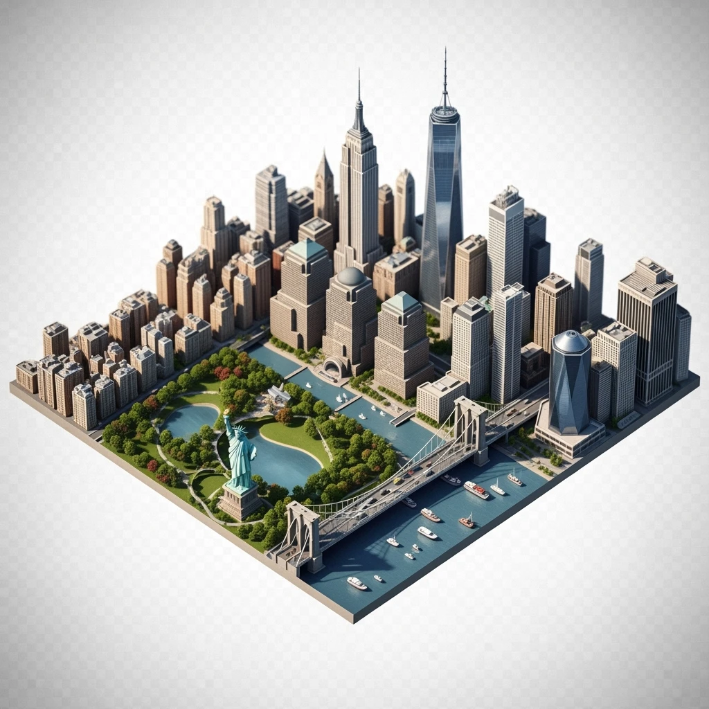 Isometric miniature of New York Сity Empire State Building, One World Trade Center, Statue of Liberty, Brooklyn Bridge, and Central Park 3D miniature effect and Tilt Shift effect, no cartoonish look, transparent background. emoji