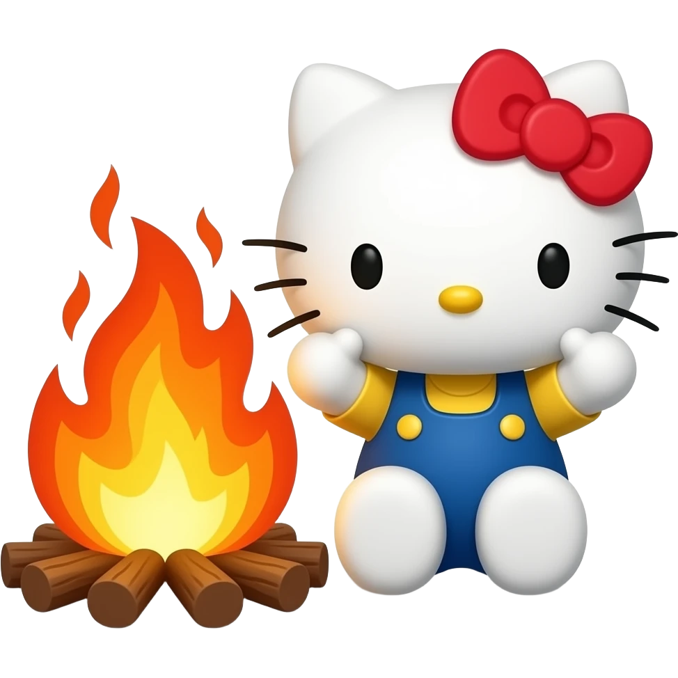 hello kitty holding her hands up and standing in front of fire emoji