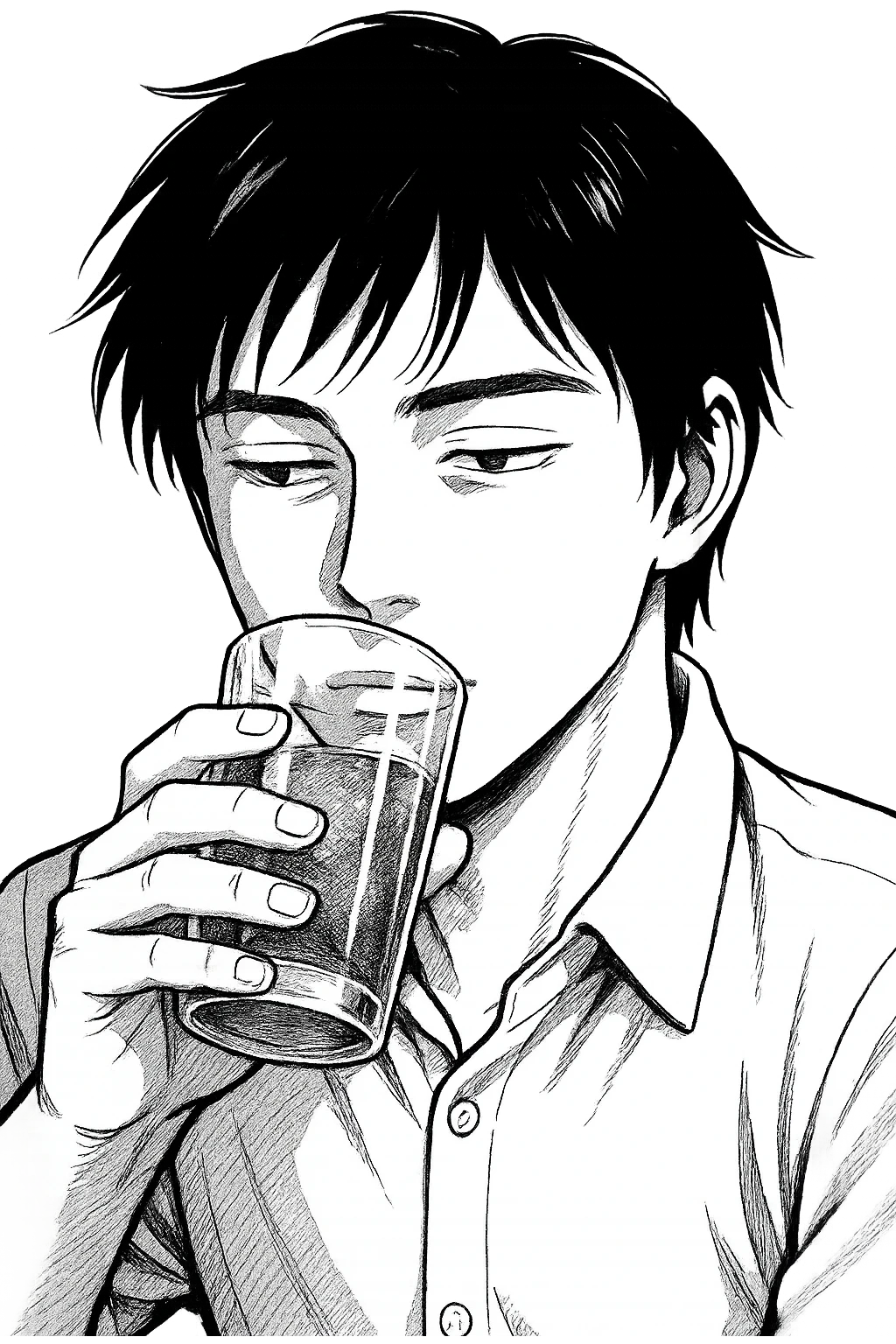 Kitsui Akira sipping a drink, close-up, relaxed expression, manga style, black and white emoji