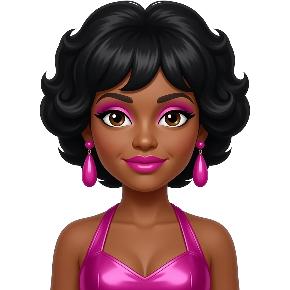 Annette Beard from Martha and The Vandellas with dark brown eyes, black beehive hair, pink eyeshadow, hot pink lipstick, hot pink metallic halter dress, pink earrings emoji
