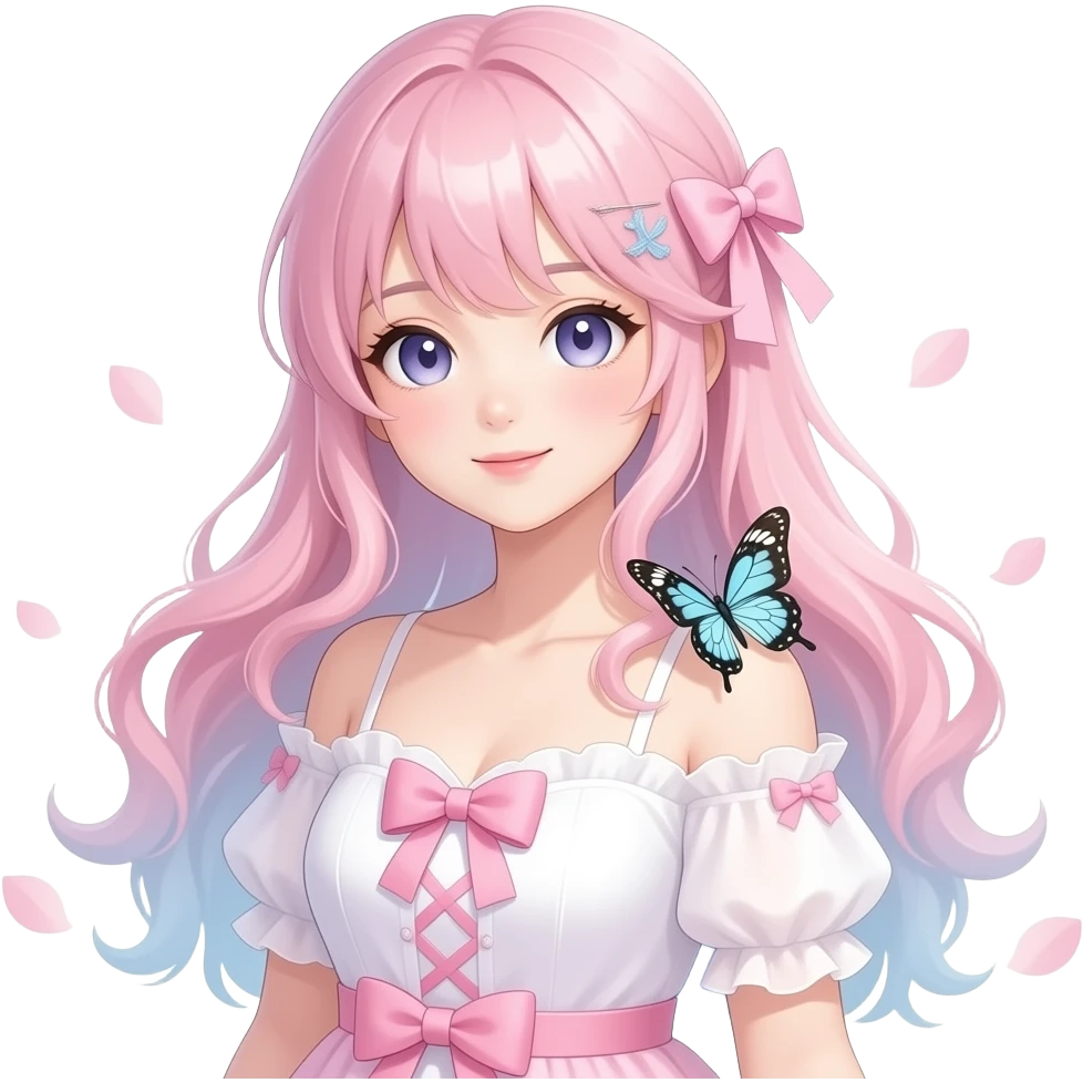 A Gorgeous Beautiful Anime Lady Sakura Cherry Blossom and Pretty Hair, pastelcore aesthetic, pastel pink and white, butterfly, Fairycore emoji