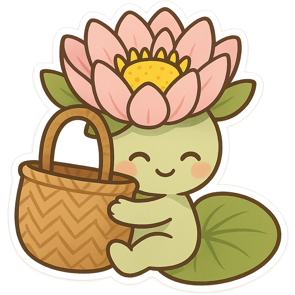 mascota para proyecto productivo, lirio de agua abrazando un bolso artesanal, estilo tierno y amigable, ideal para marca ecológica y artesanal emoji