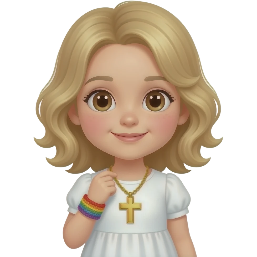 little girl with pale skin, pink cheeks, warm blond waist length ringlets, big brown eyes, dimples, white dress, small golden locket with a cross engraved onto it, and a rainbow crocheted bracelet on her wrist. emoji