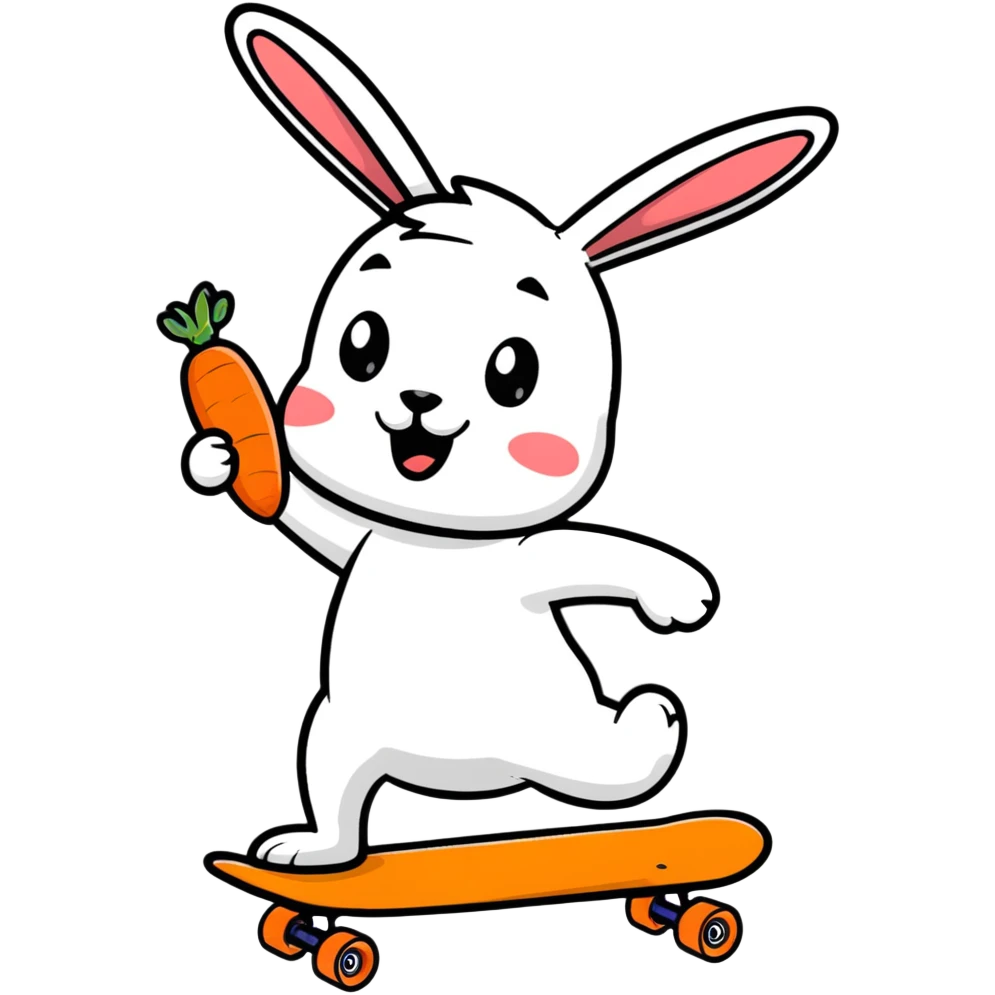 Funny rabbit riding a skateboard with carrot in hand emoji