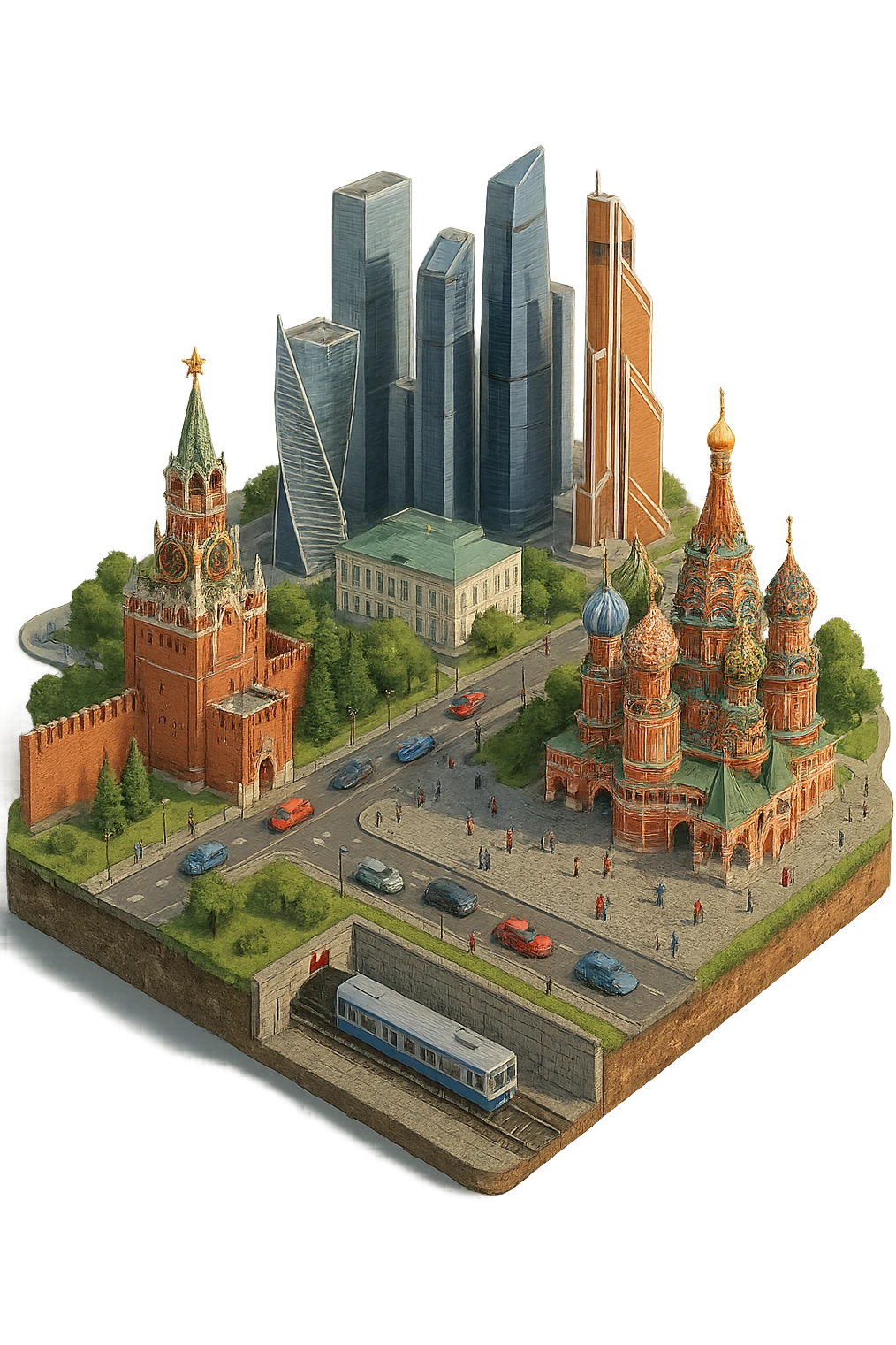 Изометричная миниатюрная фотореалистичная 3D модель Москвы на подставке - Кремль, собор Василия Блаженного, фотореалистичные Башни Москва-Сити, аккуратная детализация, четкие линии, яркие цвета, мультяшный реализм, гуляют люди и современный автотранспорт и метро, компактная композиция, вид сверху в изометрии, прозрачный фон emoji