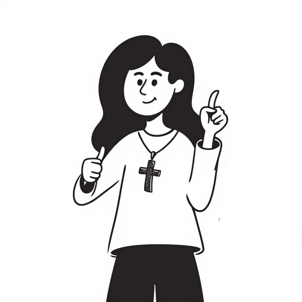 person with long brown hair holding a cross and giving a thumbs up, hand-drawn doodle style emoji