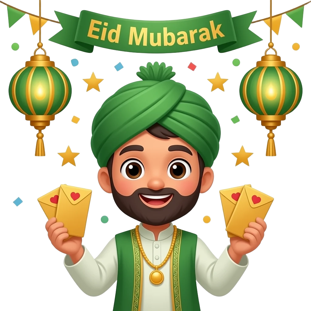 Cute Eid emoji 😊🌙 wearing a topi, holding Eidi envelopes 💸, with lanterns, stars, and confetti around. ‘Eid Mubarak’ tag, bright gold and green colors, festive party vibe." emoji