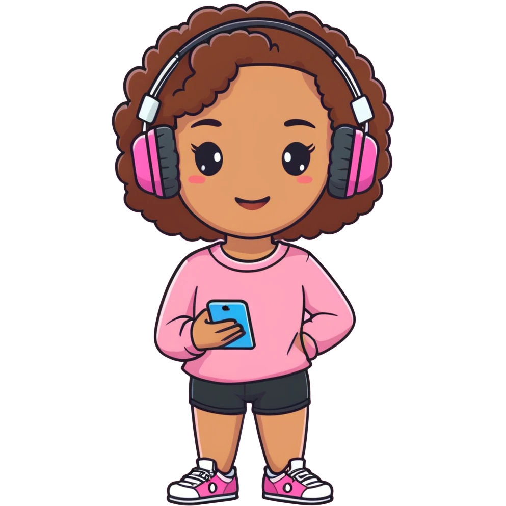 Mixed girl with a pretty face, brown curly hair, a pink long sleeve shirt on, and black shorts, holding a pink iPhone with headphones on   emoji
