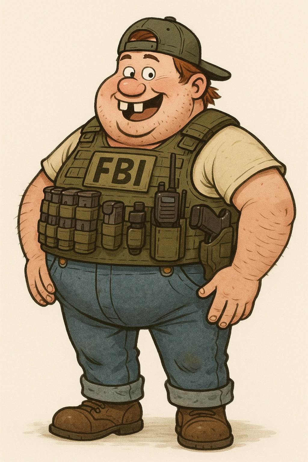 A fat federal agent in a tight, gear-filled vest, with buck teeth and a cartoonish hillbilly style emoji