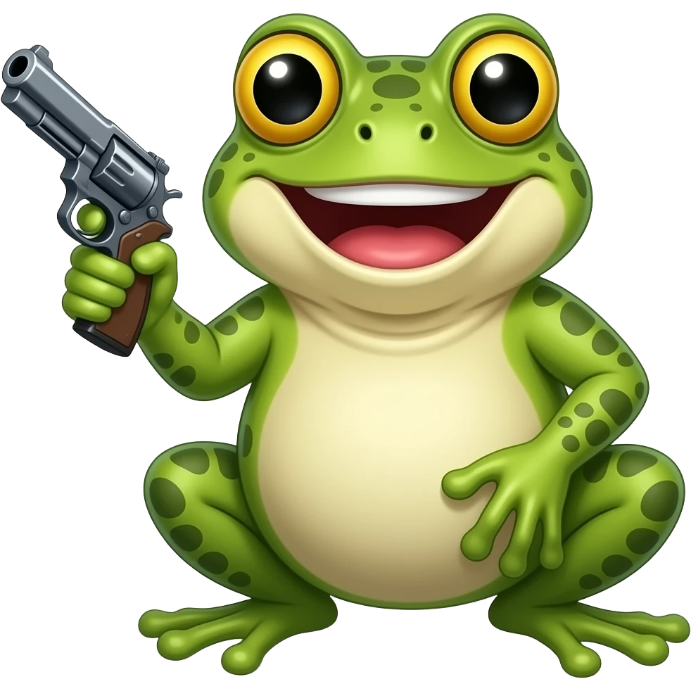 bufo frog meme with a pistol, happy expression - use the following image as a reference: https://www.emojis.com/emoji/bufo-frog-meme-with-a-pistol-angry-expression-ms3uxATb6f5 emoji
