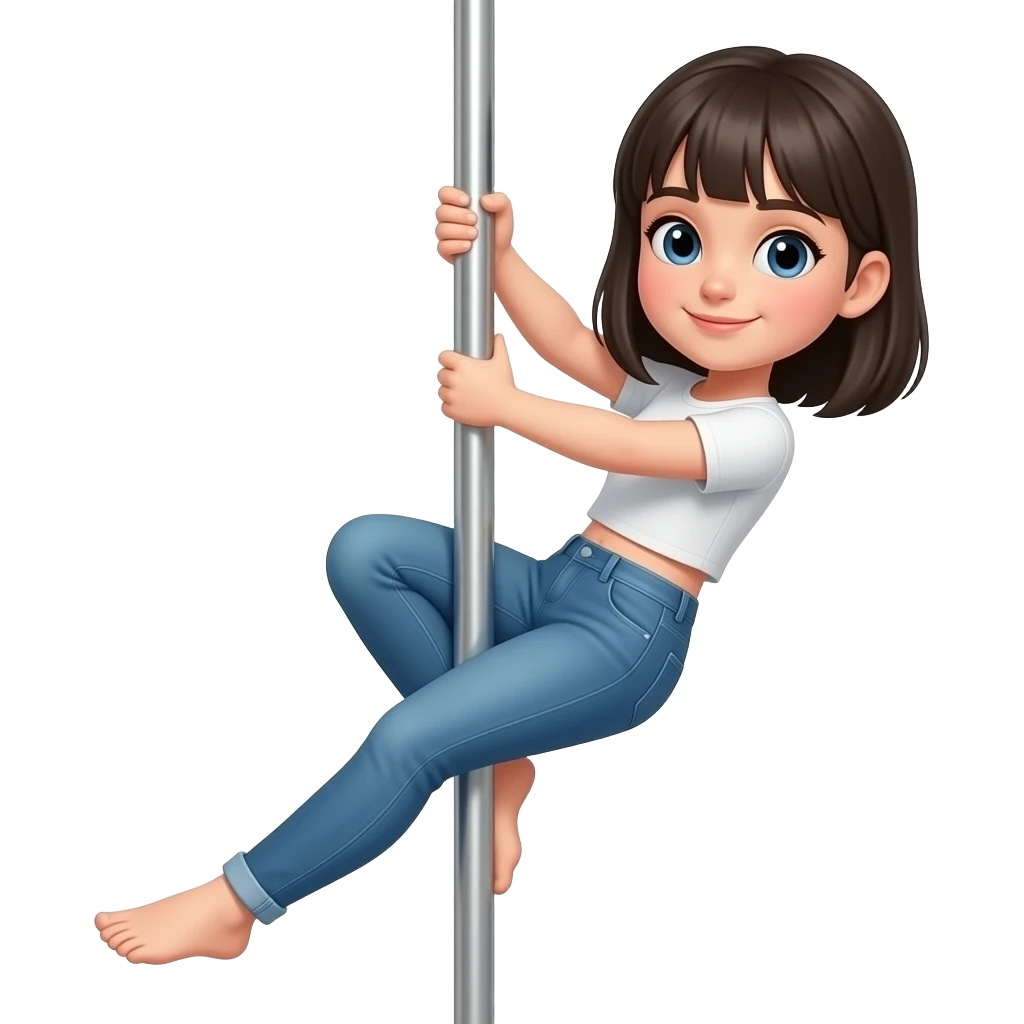 I want a poler practicer emoji . A girl with black shoulder straight hair. Practicing pole on a tube.shirt hair emoji