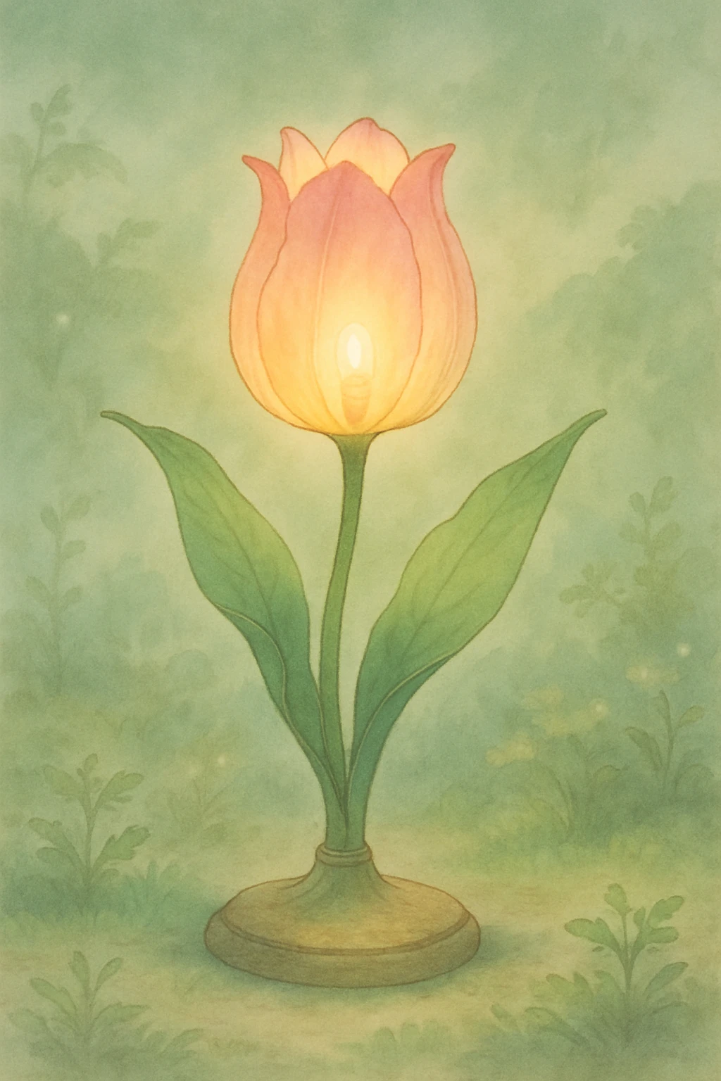 a lamp made out of a tulip flower, the bulb in the flower, natural colors, soft, fairy-like atmosphere,  emoji