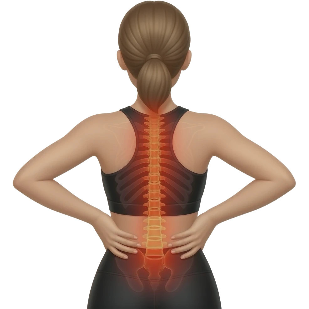 back pain, full red glow covering the entire back with clear spine highlight, woman with hands on lower back, fair-skinned woman, gray-blue eyes, ash brown brows, ash light brown hair tied back, slim athletic body, black workout set emoji