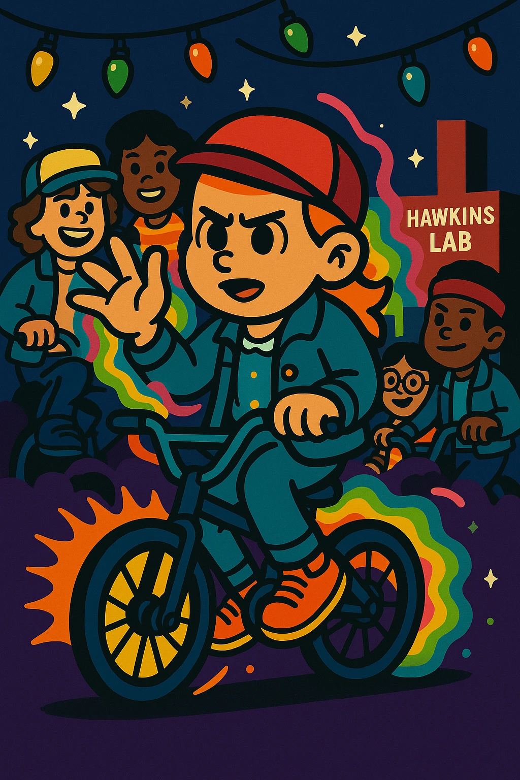 Stranger Things character in vibrant toon style, full color. Character with bicycle, Eleven's powers, group of friends, Christmas lights, colorful and lively, variation 3. emoji