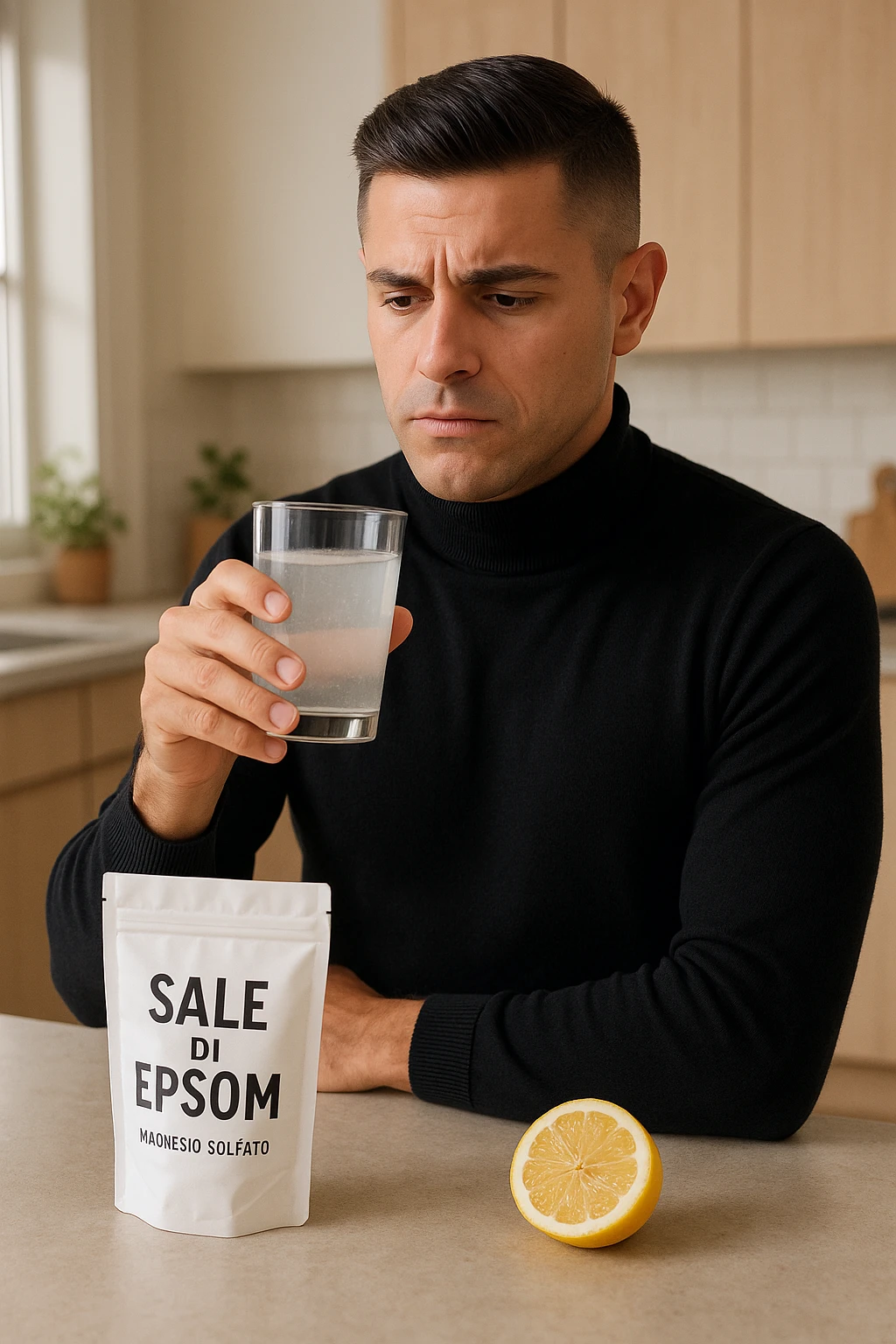 A realistic, bright photo-style image of a young man in his 30s standing in his kitchen, holding a clear glass filled with water in which Epsom salt (magnesium sulfate) has been dissolved. He looks focused but slightly uncertain as he prepares to drink it for a liver flush or digestive cleanse. The glass shows slight cloudiness from the dissolved salt. On the counter are a packet labeled 'Sale di Epsom' and a sliced lemon, suggesting he might use it to mask the taste. The setting is clean, natural, and bright with neutral tones. The background shows sunlight streaming through a window, emphasizing a clean, minimalist health-focused environment. The mood conveys a realistic, calm moment of self-care with a hint of discomfort, illustrating a natural detox practice in italiano emoji