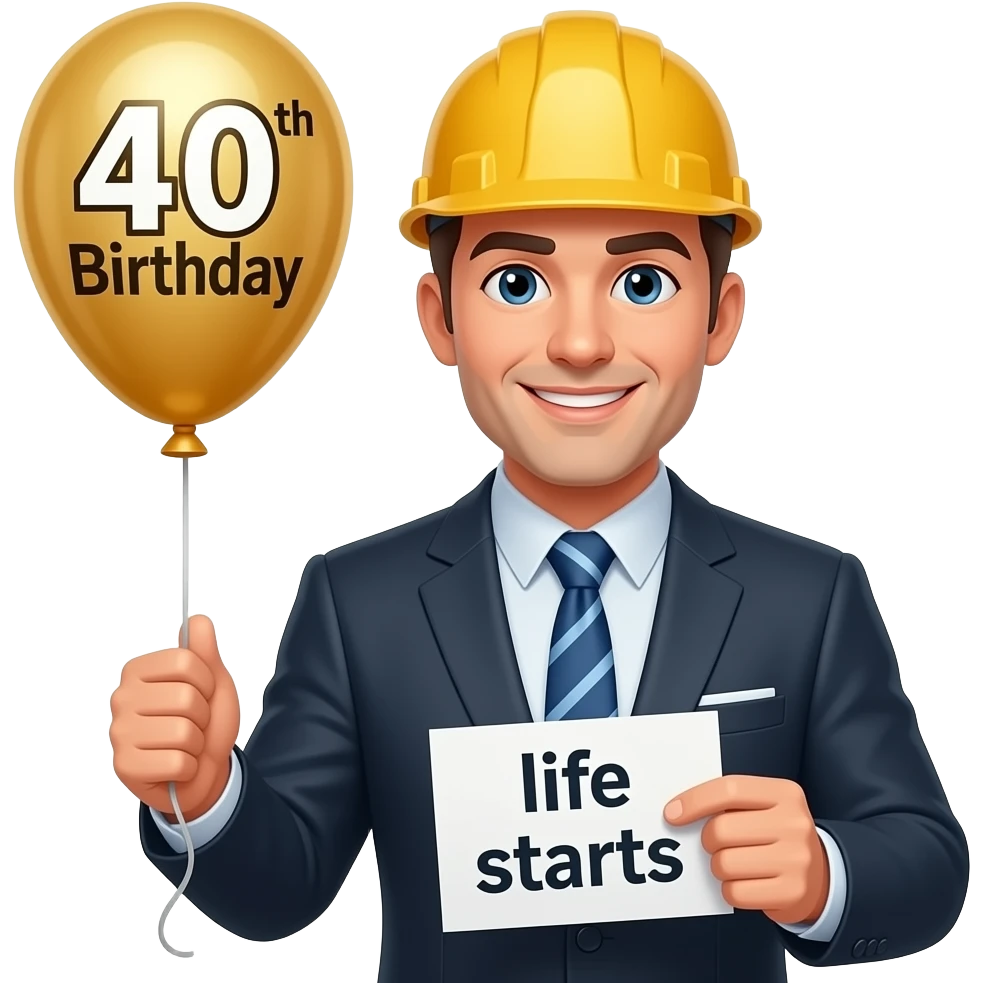 Sales manager in construction company, white, male, 40 birtday, balloon, note life starts emoji