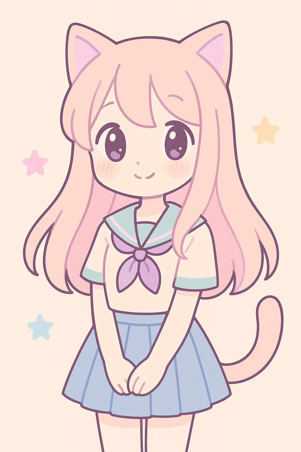 cute anime cat girl, long flowing hair, shy smile, cat tail, school uniform, soft lighting emoji