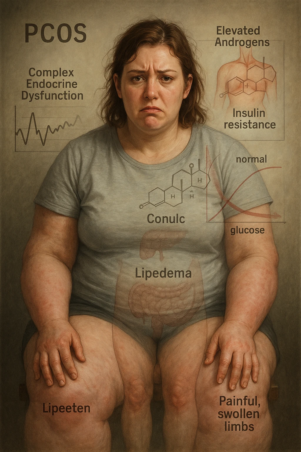 cinematic realistic in italiano Woman with PCOS struggling with hormonal chaos, transparent overlay showing elevated androgens and insulin resistance affecting her body, lipedema causing disproportionate fat accumulation in legs and arms despite normal torso, expression of frustration with unexplained weight gain, medical charts showing complex endocrine dysfunction, painful swollen limbs contrasting with metabolic confusion scrivi in italiano emoji