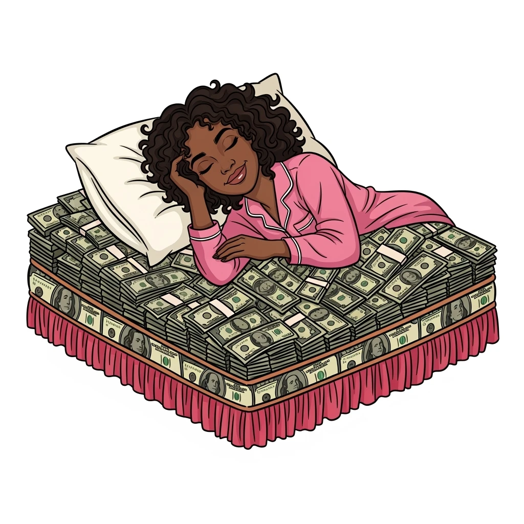 digital vector art of  happy person napping on mattress of money emoji