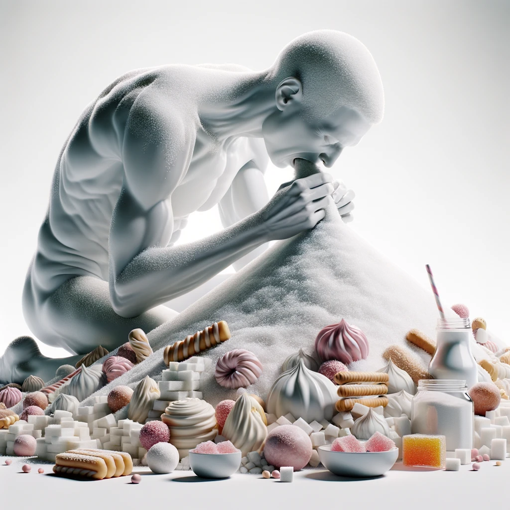 corpo umano anatomico che si abbuffa di dolci e zuccheri, montagna di zuccheri davanti a lui, iperrealistico 4k, isolato su sfondo bianco emoji