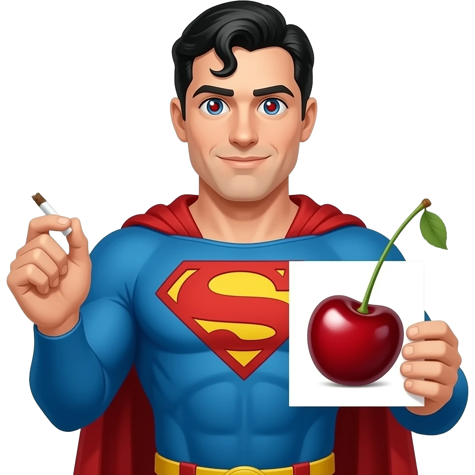 Make this with , the eyes have Cherries as pupils and the left hand is holding a joint and the right hand a cherry, Superman with his complete look emoji