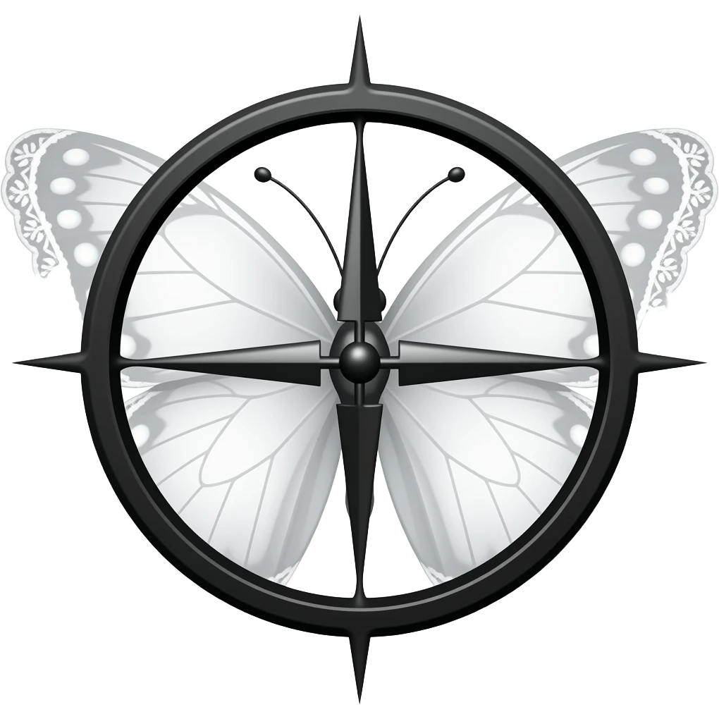subtle elegant white butterfly, 3D emoji gothic butterfly, white velvet, white filigree, white lace trim, black sniper crosshair overlay emoji