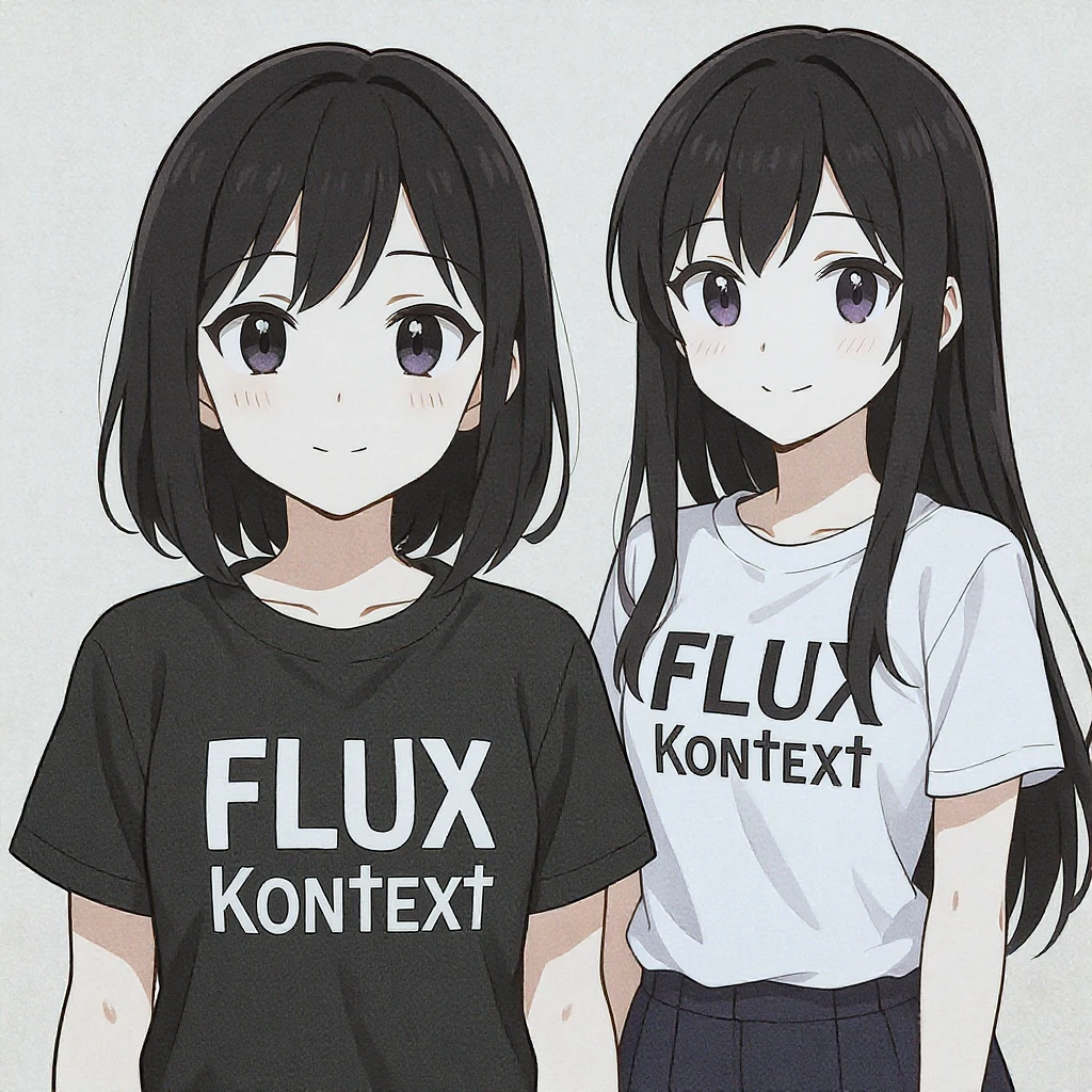 make a image of a girl with a anime version of that girl beside her wearing tshirt with text of FLUX Kontext emoji
