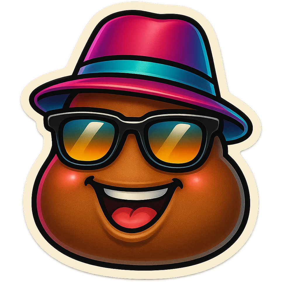 Add trendy sunglasses and a trendy hat to the smiling poop character, keep it cool with no background. emoji