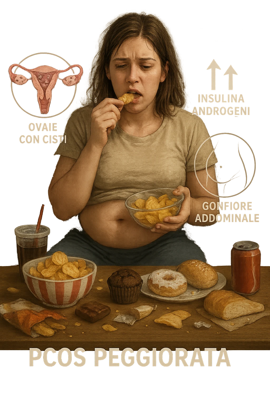 Donna tra i 25 e i 35 anni seduta sul divano o a un tavolo disordinato, circondata da cibi sparsi e poco sani: patatine, dolci, pane bianco, snack confezionati, bibite. Mangiando di fretta, ha un’espressione stanca e frustrata. Intorno a lei, in trasparenza o come illustrazione simbolica, si vedono gli effetti della PCOS peggiorata: ovaie con cisti multiple, squilibrio ormonale (↑ insulina, ↑ androgeni), gonfiore addominale. Sullo sfondo, orologio che corre o caos visivo che comunica disorganizzazione alimentare. Colori spenti e atmosfera stanca. Stile realistico con elementi simbolici e informativi. in italiano emoji