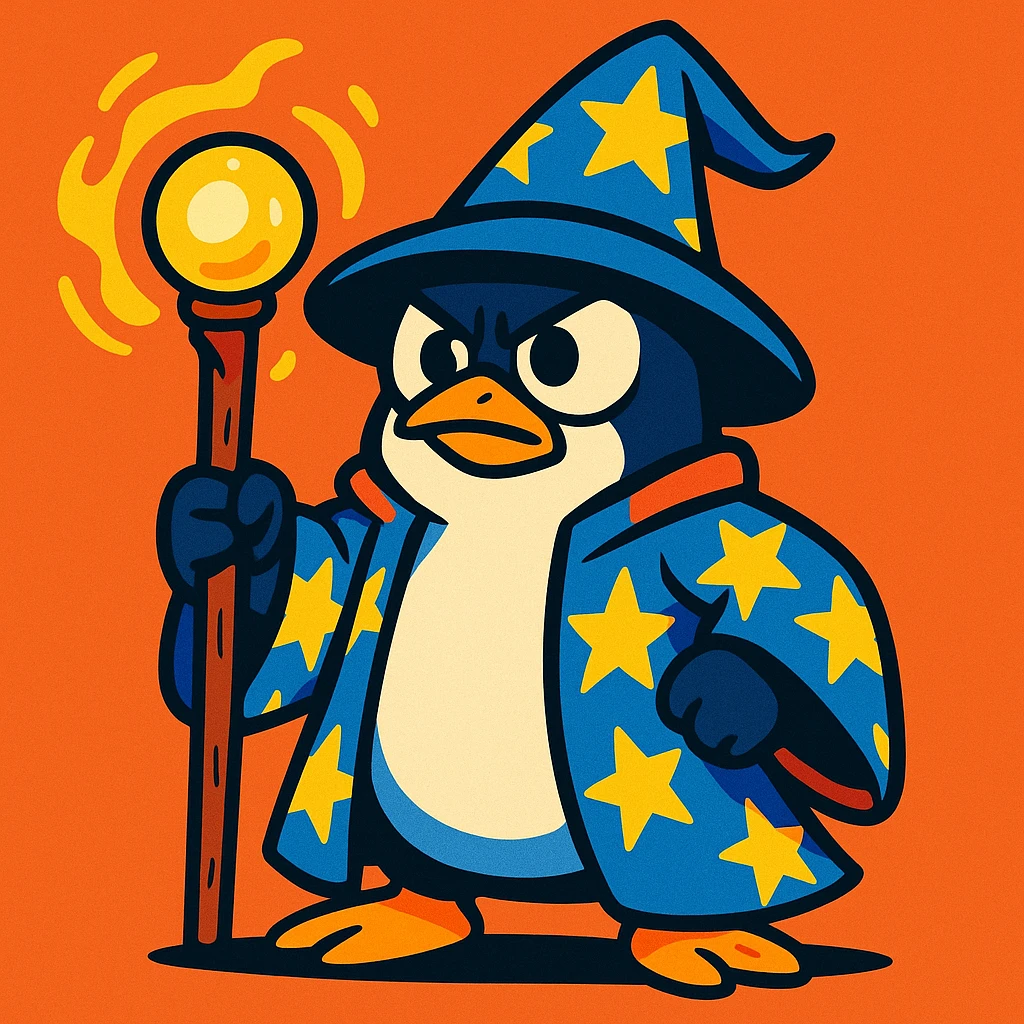 a heroic penguin wizard with a starry robe and staff, looking determined, in a bold, graphic style, colorful cartoon emoji