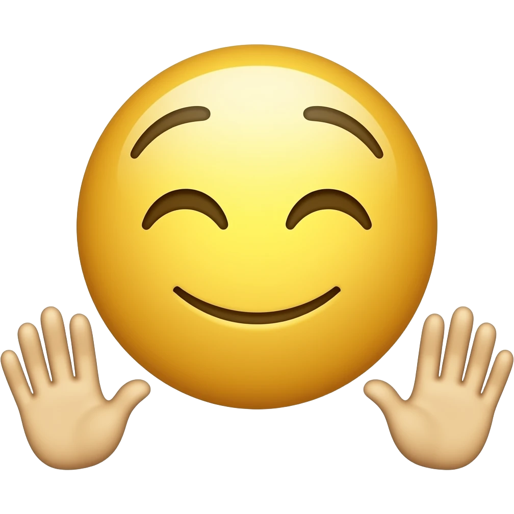 A minimalist emoji character with a calm smiling face, arms raised on both sides (hands up), palms open, as if reacting in awe. Expression is slightly impressed but relaxed. Clean, simple emoji style, rounded shapes, soft shading, meme aesthetic.” emoji