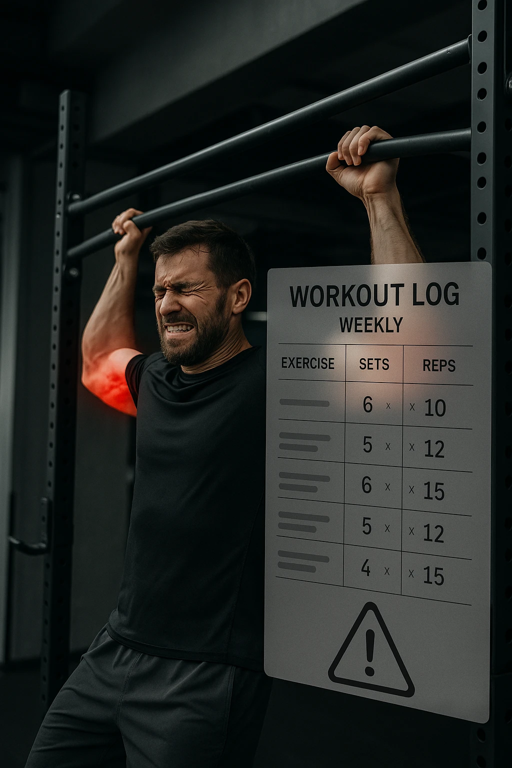 a man in gym attire performs pull-ups on a bar, with his elbows highlighted in bright red to indicate inflammation. A digital overlay shows a weekly training log with high numbers of sets and reps, and a warning icon appears next to the log. The man’s face shows pain and fatigue. The background is a modern gym, emphasizing the link between excessive training volume and injury. scritto in italiano emoji