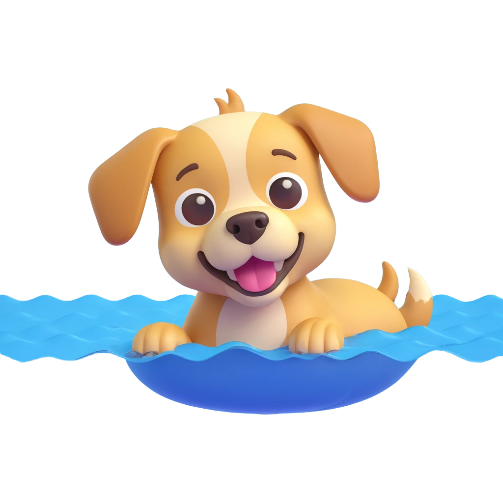dog swimming in water, 3D emoji style, cute, playful emoji