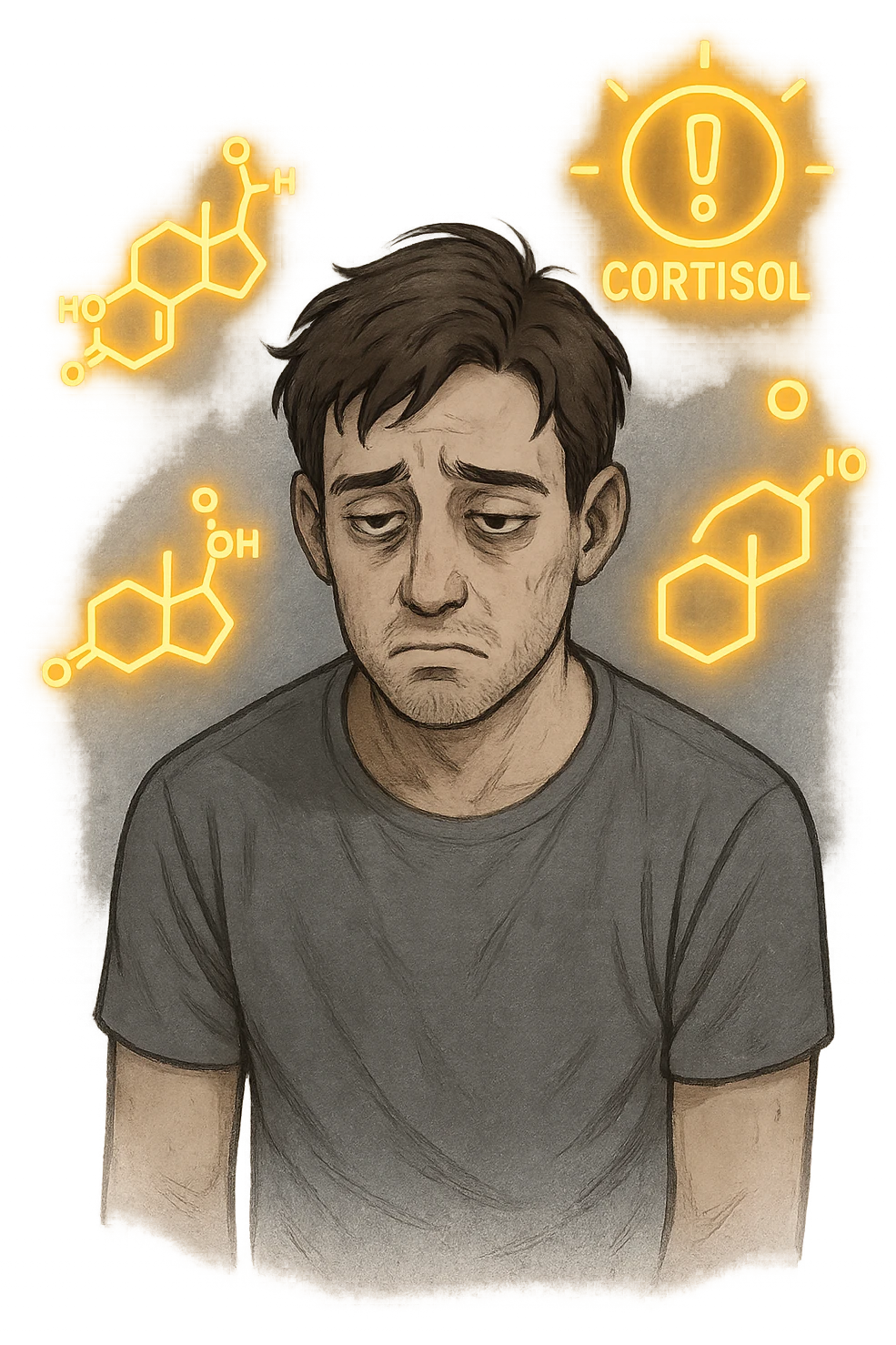 realistic and symbolic representation of elevated cortisol, human figure with symptoms of stress and fatigue, graphic elements representing cortisol hormone, no background, 2:3 aspect ratio emoji