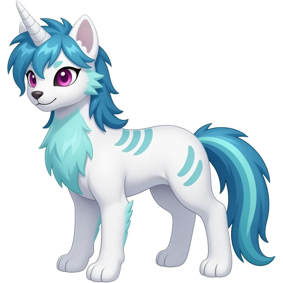 White badass elegant wild beautiful natural cute badass epic anthro modern albino sergal-vernid-creature with cyan mane and magenta eyes with cyan edgy stripes, full body, blue pretty hair, outside, modern, aesthetic, art by LiLaiRa, art by art by Falvie emoji