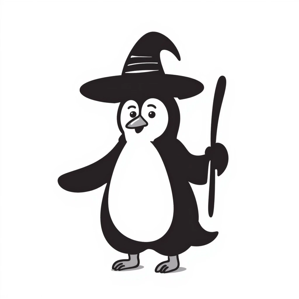 A penguin wizard with a pointy hat and a magic wand emoji