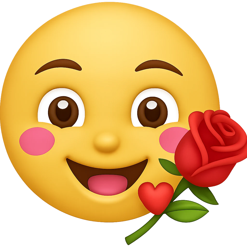 Add a rose to the emoji, keeping it flirty and playful. The style should be similar to the original emoji style. emoji