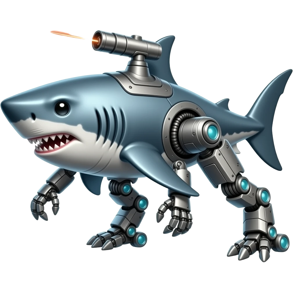 Shark with legs and arms which is made out of metal and a laser on it’s back emoji