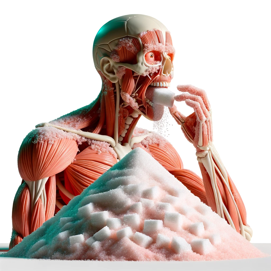 corpo umano anatomico che si abbuffa di dolci e zuccheri, montagna di zuccheri davanti a lui, iperrealistico 4k, isolato su sfondo bianco emoji
