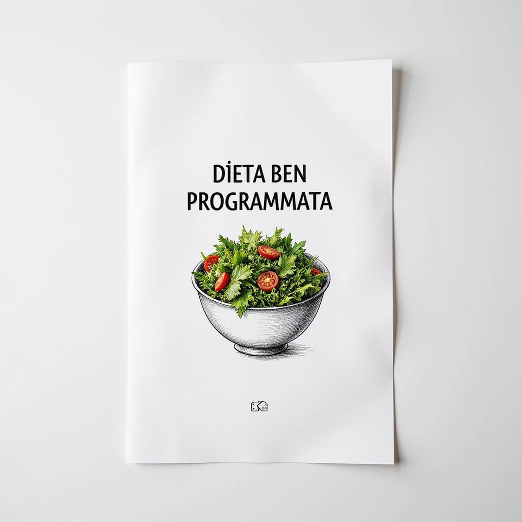 top view of a white sheet of paper, hyperrealistic 4K, with an illustrated bowl of salad and the text 'DIETA BEN PROGRAMMATA', variation 10, no background emoji