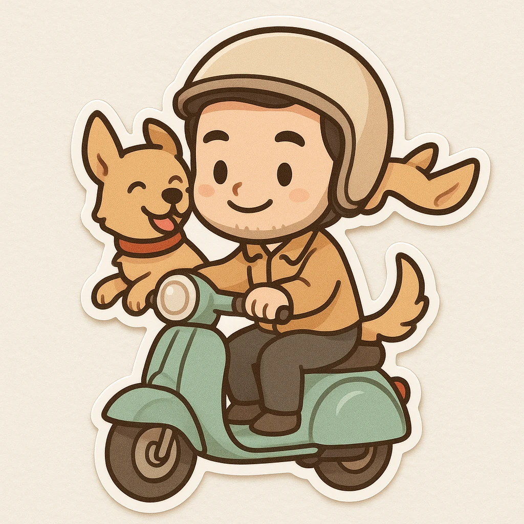 man and his pet dog riding a vespa emoji