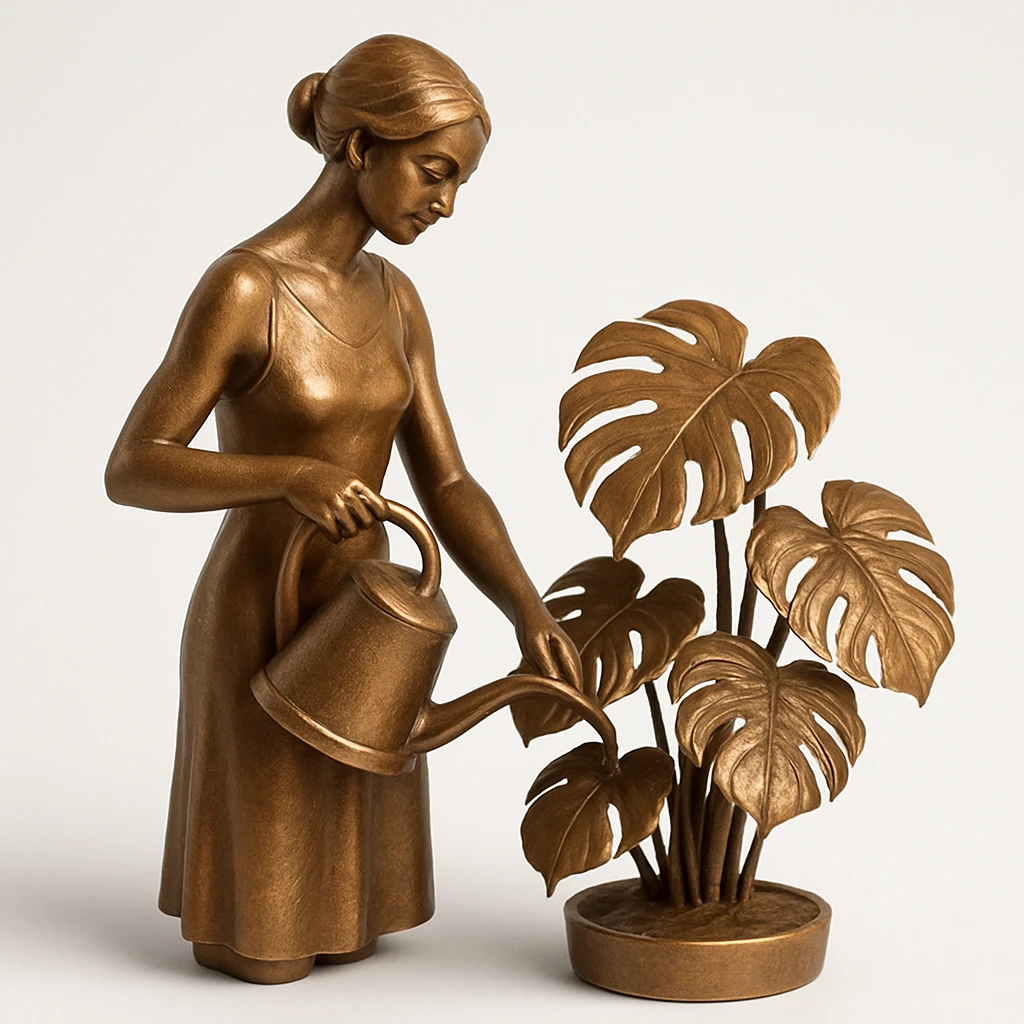 woman watering her monstera plant emoji