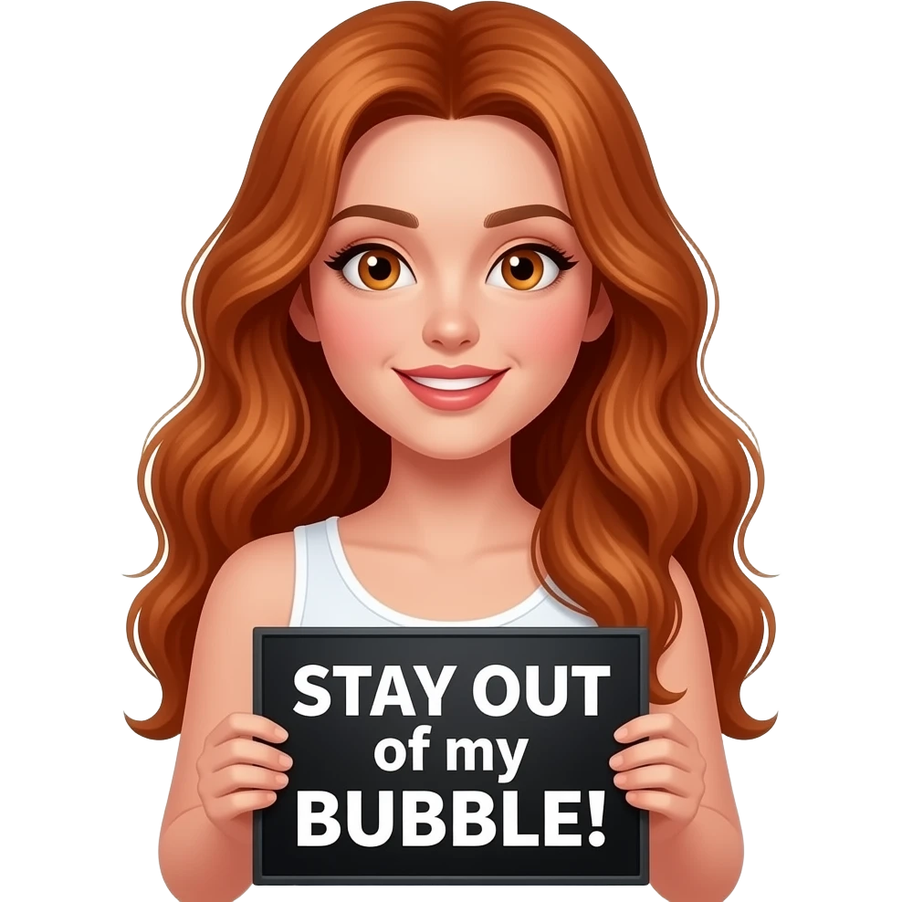 sexy girl with long wavy ginger hair and ginger eyes wearing a white tanktop is holding a black colored sign with STAY OUT of my BUBBLE! written on it emoji