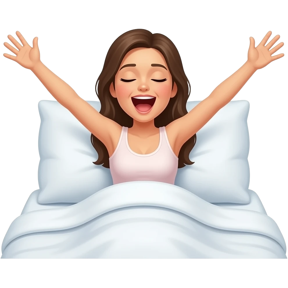 a naked woman waking up in bed with arms fully stretched and yawning with the words "Good Morning" in blue printed across emoji