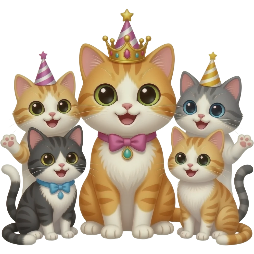 a birthday queen cat surrounded by four happy birthday cats emoji