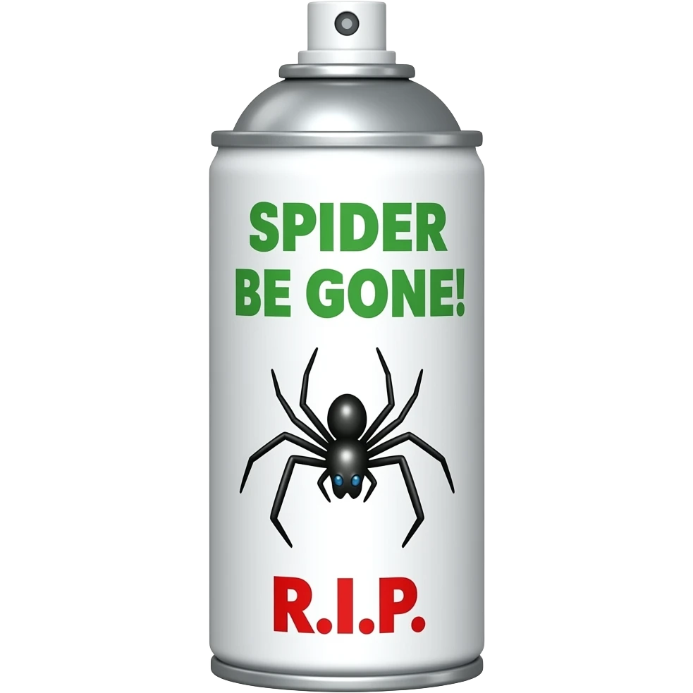White Spray paint can lgreen text SPIDER BE GONE! above a spider image & red text R.I.P. at bottom emoji