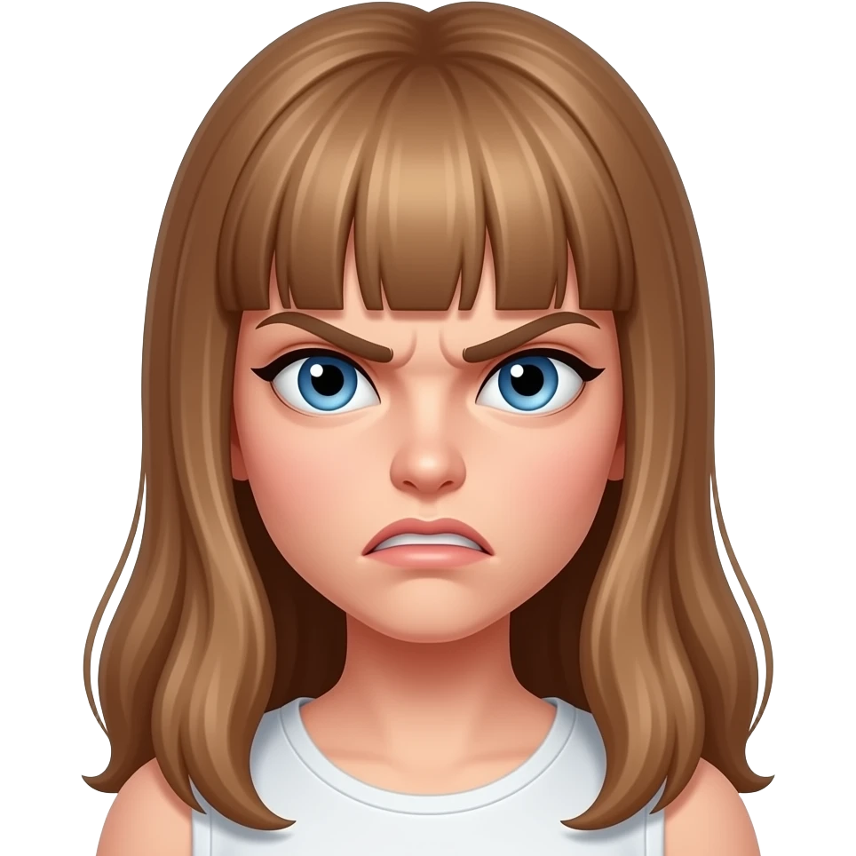 a young woman with long light brown hair and fringe and blue eyes  is very angry emoji